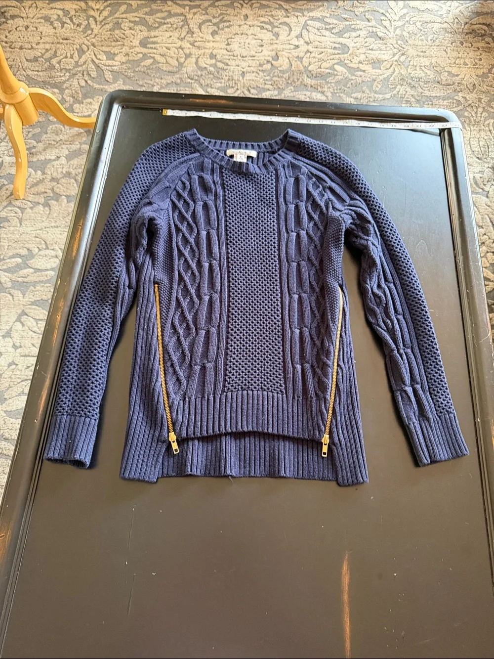 Cabi Navy Cable Knit Sweater with Gold Zipper Accents